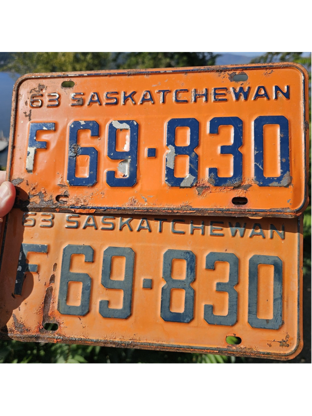 1963 Saskatchewan Farm License Plate Pair F69-830 Orange Black Vintage Canada
